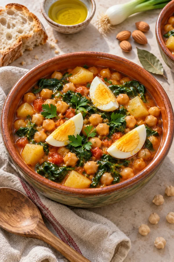 Potaje de garbanzos con espinacas y huevo duro servido en un cuenco rústico