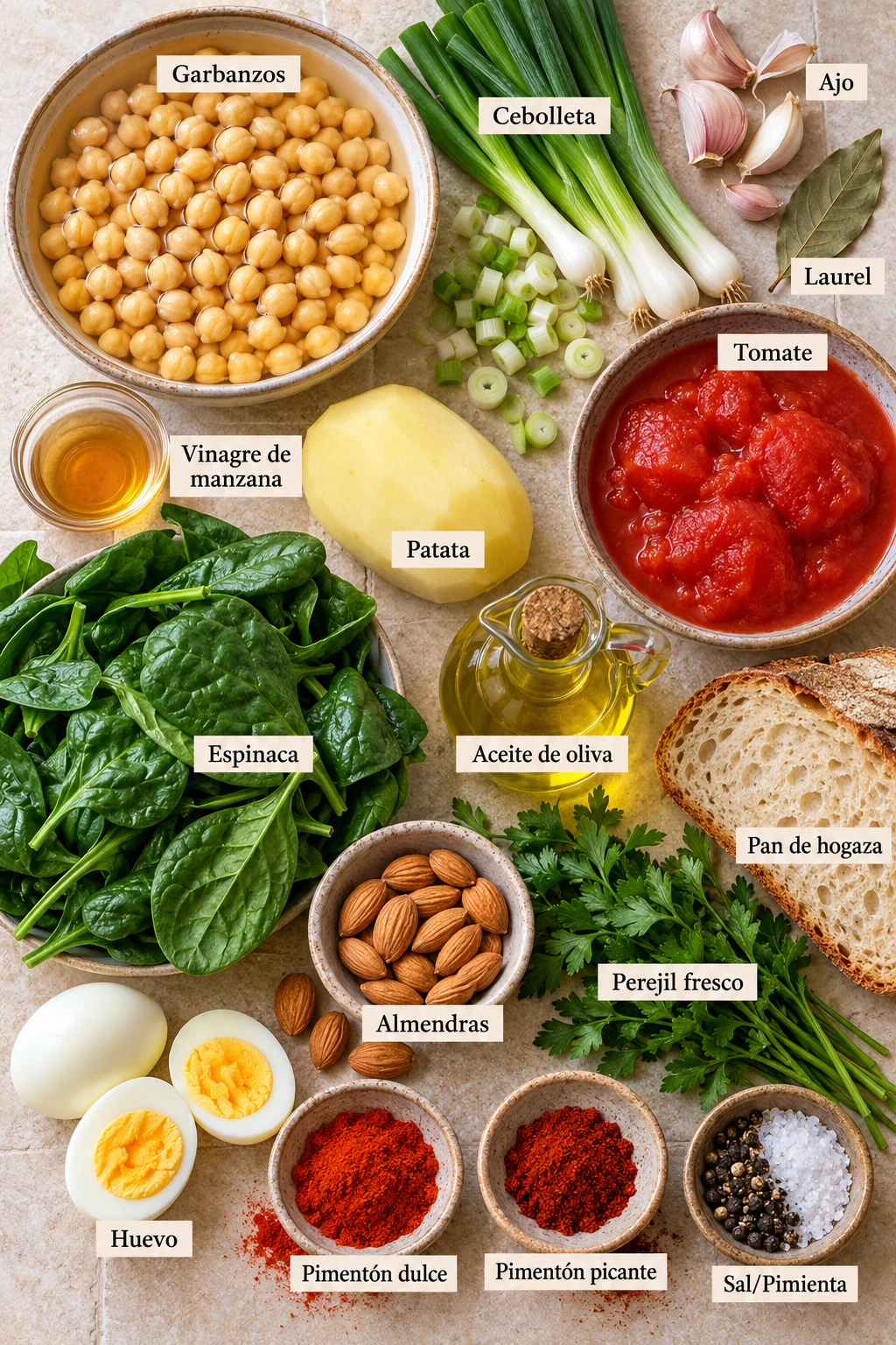 Ingredientes etiquetados para potaje de garbanzos con espinacas sobre superficie clara