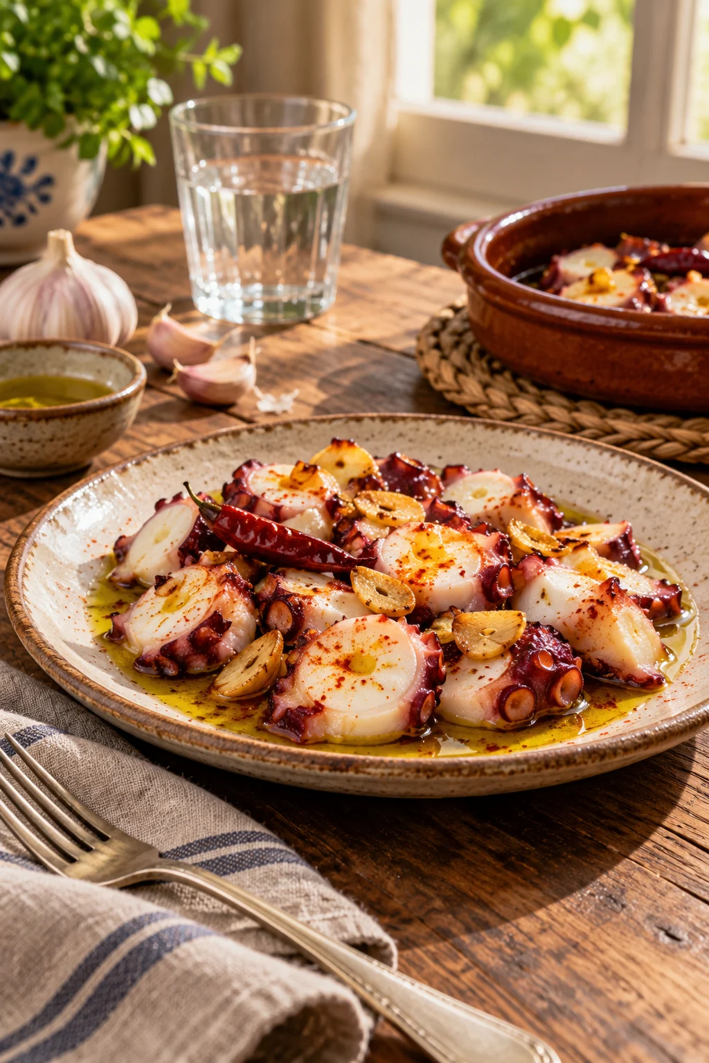 Detalle de pulpo al ajillo con ajo dorado, guindilla y pimentón servido en plato rústico