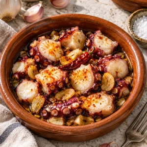 Pulpo al ajillo servido en cazuela de barro con ajo dorado, guindilla y pimentón