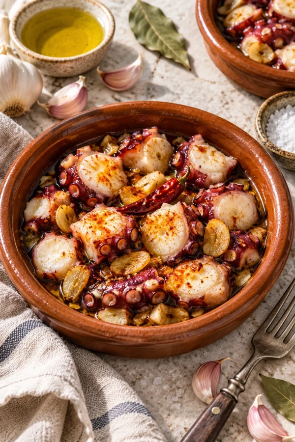 Pulpo al ajillo servido en cazuela de barro con ajo dorado, guindilla y pimentón