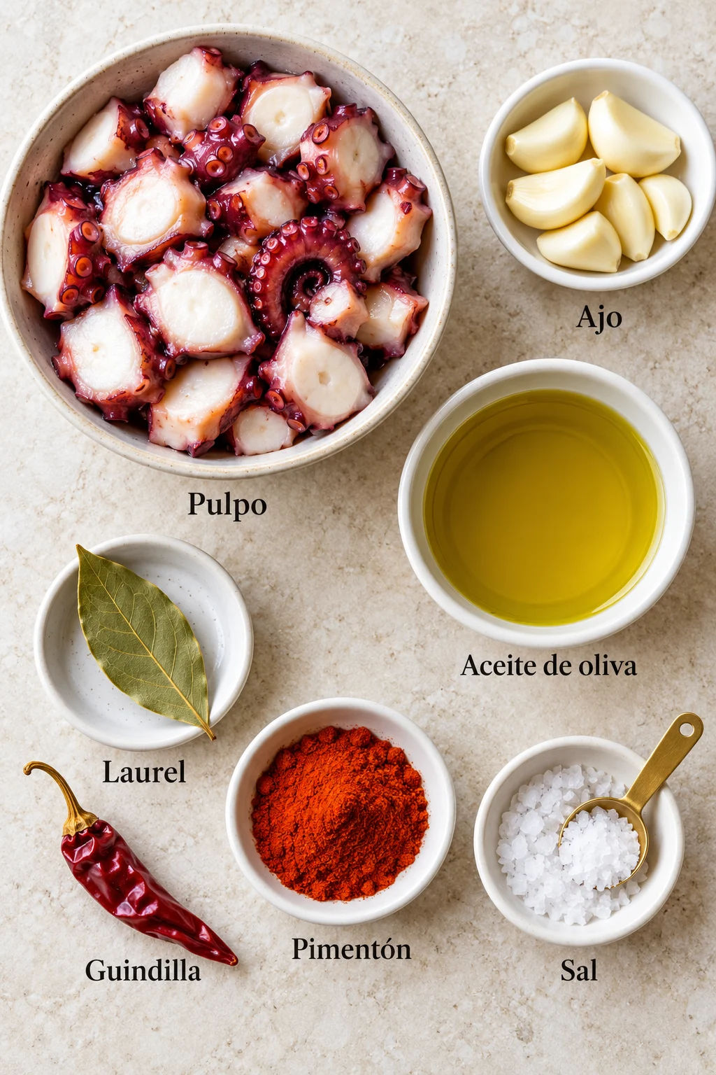 Ingredientes etiquetados para pulpo al ajillo sobre superficie clara