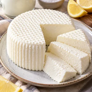 Queso fresco casero presentado en un plato con limón y sal.