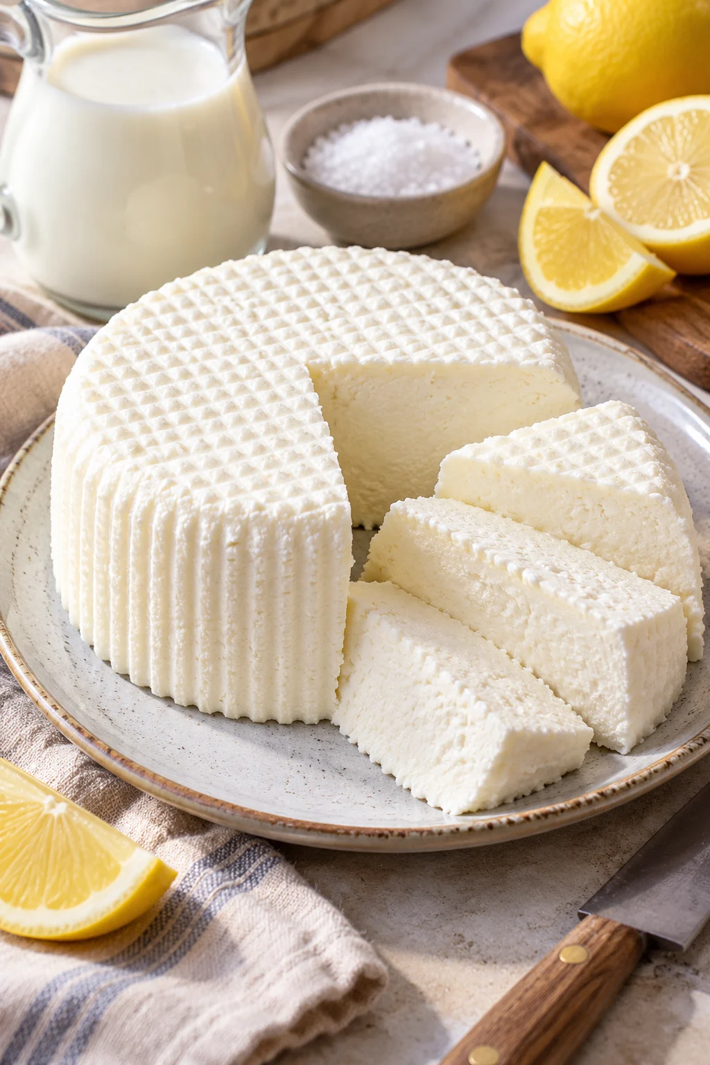 Queso fresco casero presentado en un plato con limón y sal.
