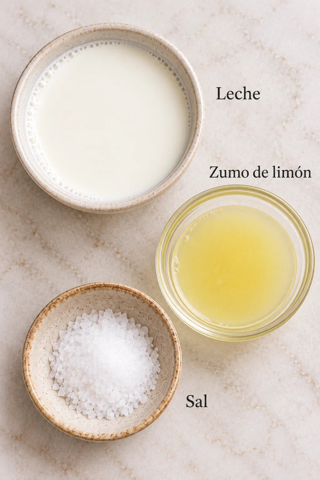 Ingredientes etiquetados para queso fresco casero: leche, sal y zumo de limón.