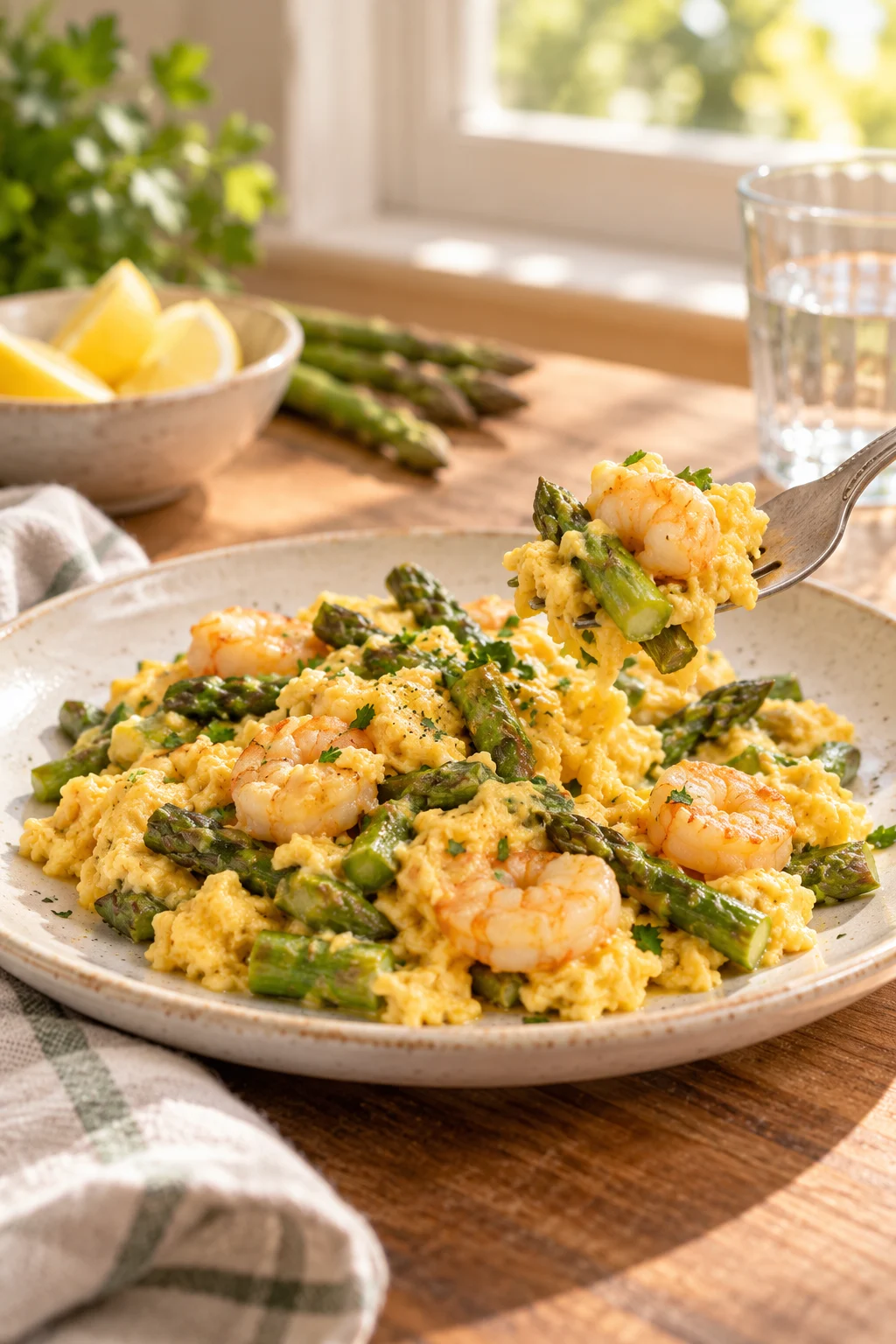 Primer plano de un tenedor levantando revuelto de espárragos trigueros con gambas y huevo cremoso