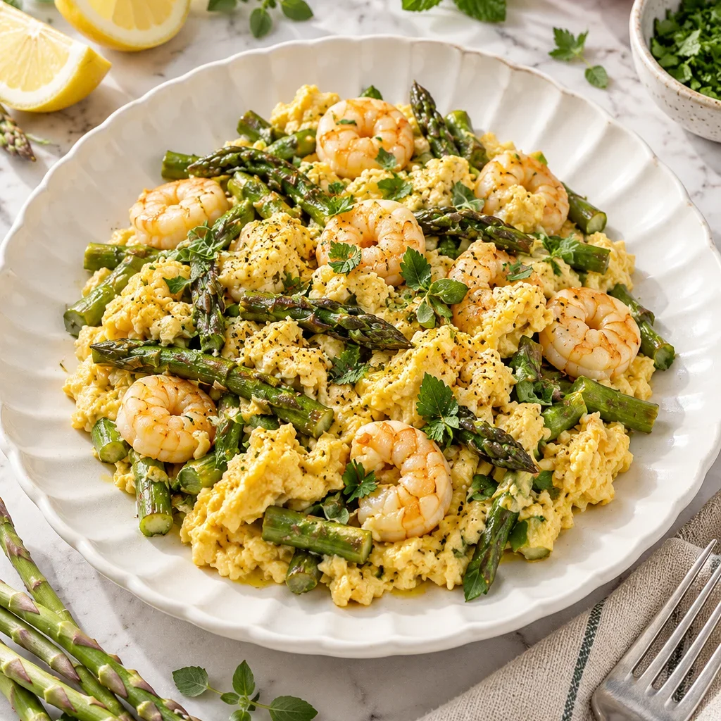 Revuelto de espárragos trigueros con gambas y hierbas frescas servido en plato blanco