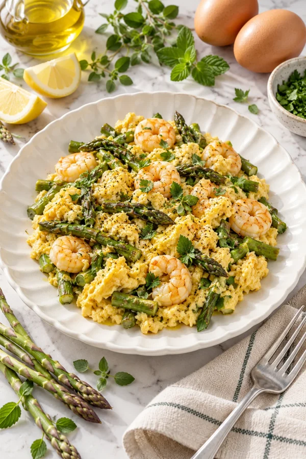Revuelto de espárragos trigueros con gambas y hierbas frescas servido en plato blanco