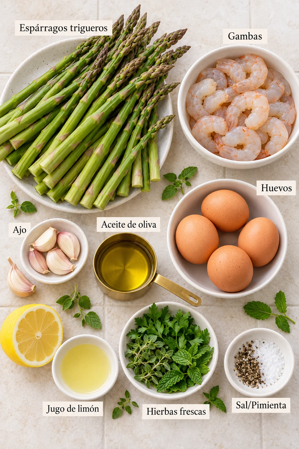 Ingredientes etiquetados para revuelto de espárragos trigueros en bowls blancos y cucharas medidoras