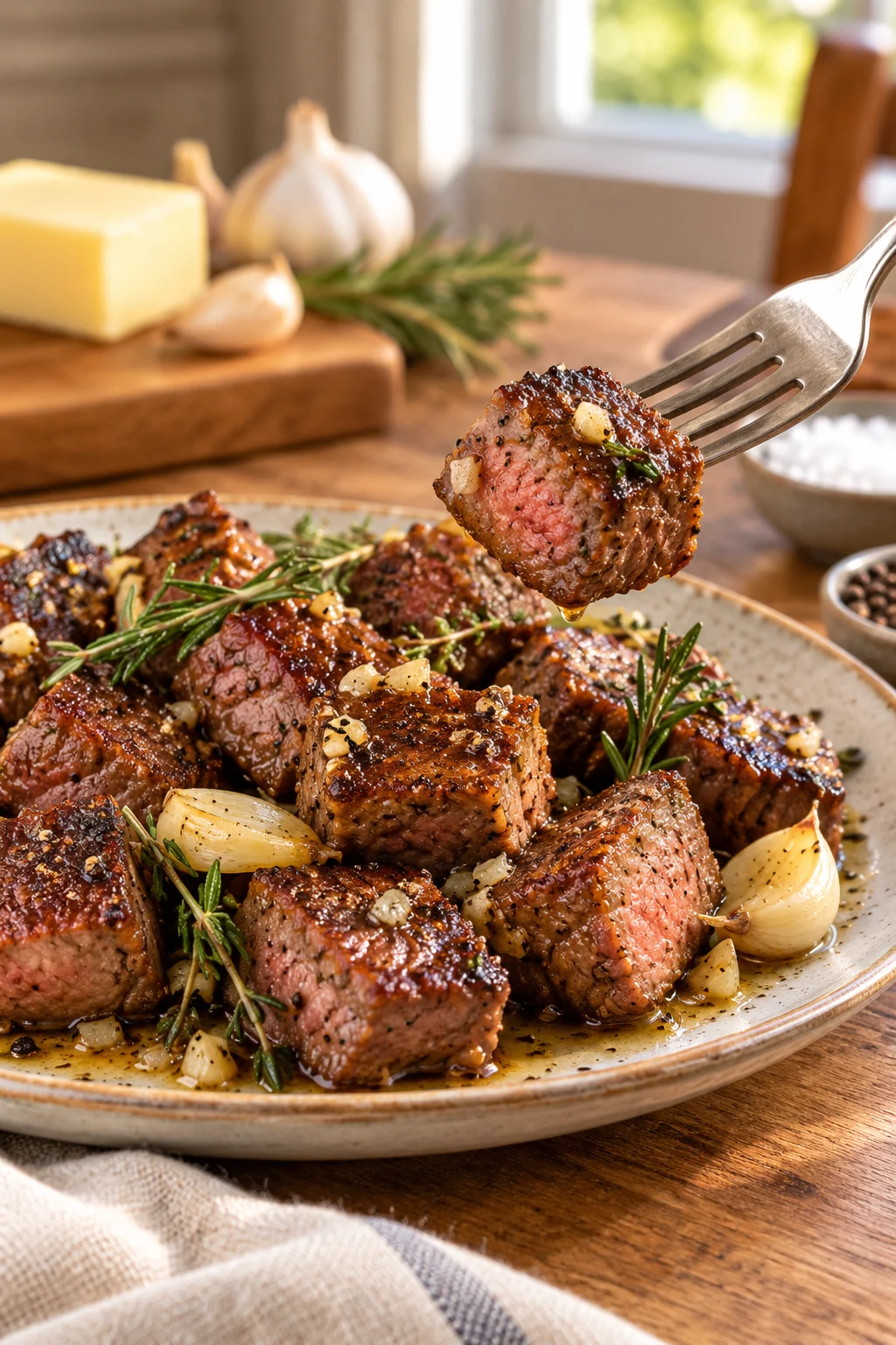 Rib-eye crujiente, mostrando su textura jugosa y crujiente.
