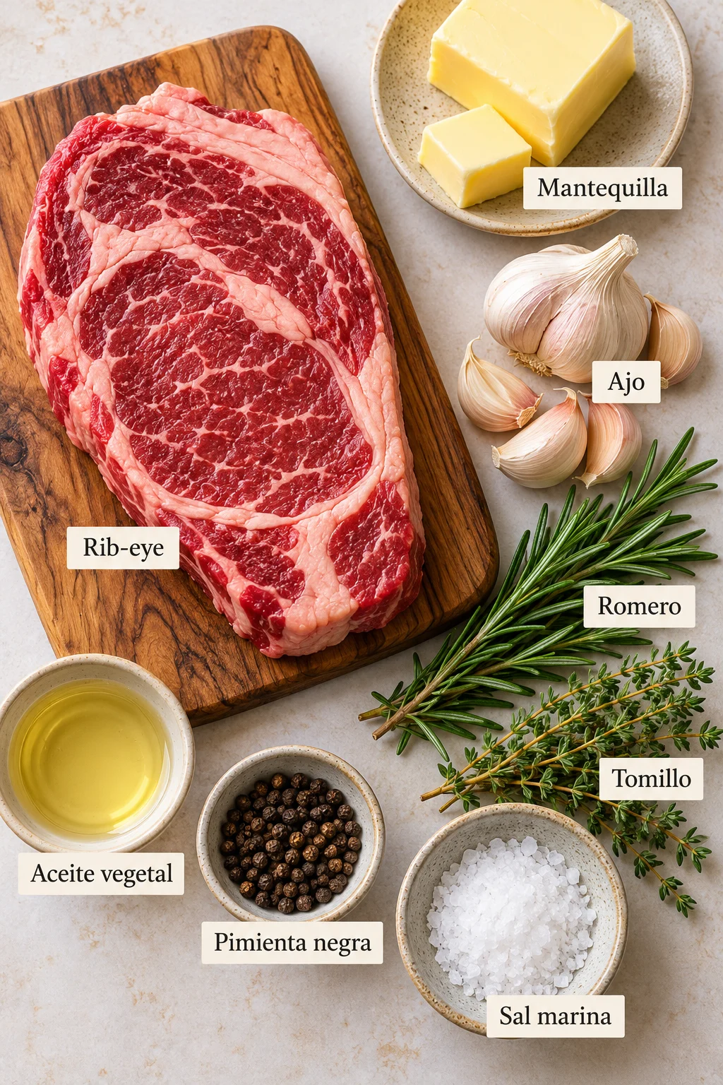 Ingredientes etiquetados para rib-eye crujiente.