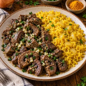 Riñones a la provenzal con ajo y perejil servidos con arroz