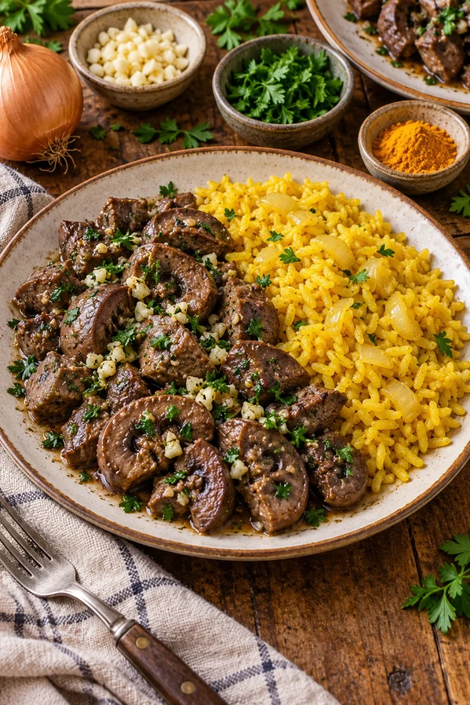 Riñones a la provenzal con ajo y perejil servidos con arroz