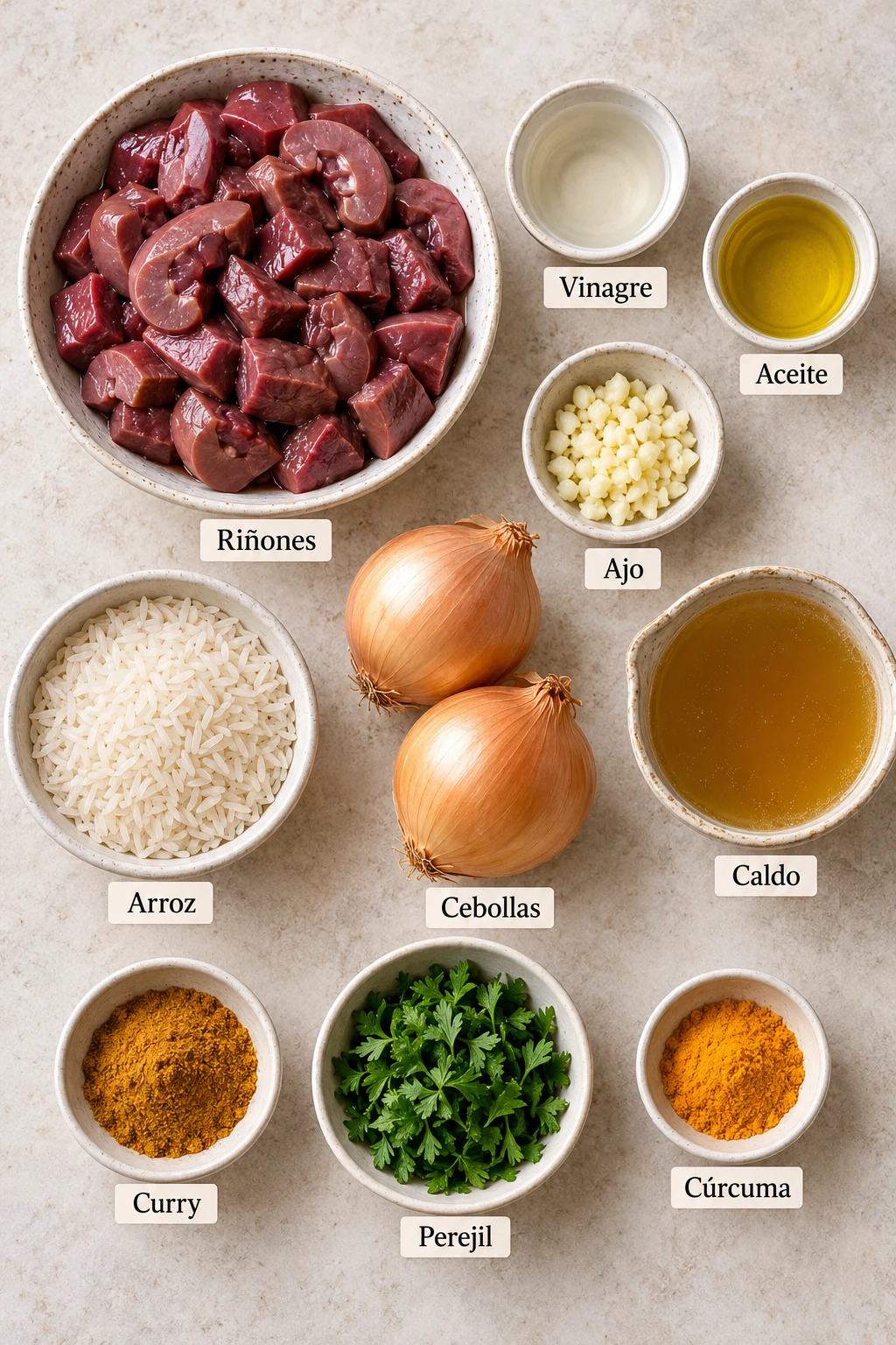 Ingredientes etiquetados para riñones a la provenzal.