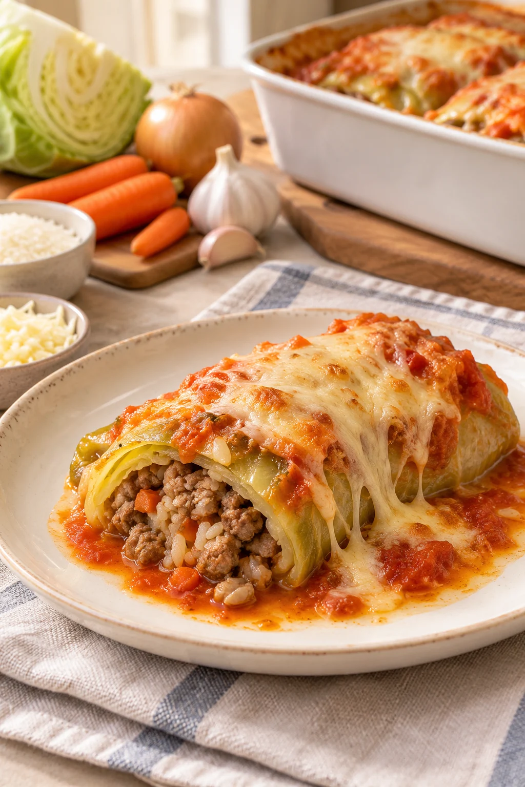Rollitos de repollo con carne siendo servidos en un plato