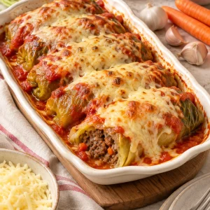 Rollitos de repollo con carne servidos con queso y salsa de tomate