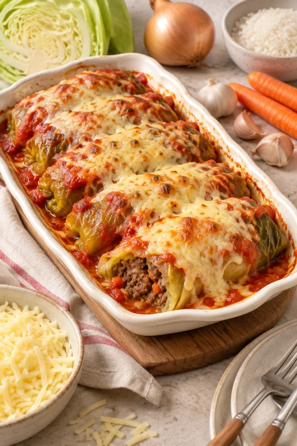 Rollitos de repollo con carne servidos con queso y salsa de tomate