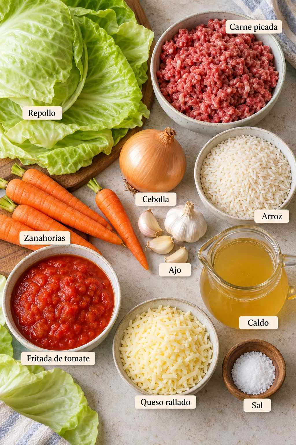 Ingredientes etiquetados para rollitos de repollo con carne