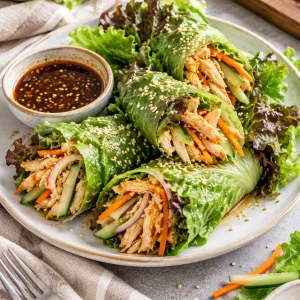 Rollos de ensalada thai con pollo, lechugas, zanahoria y pepino
