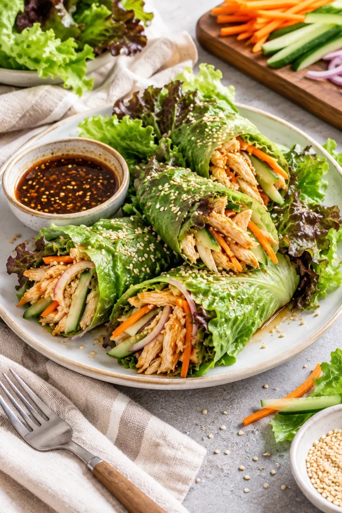 Rollos de ensalada thai con pollo, lechugas, zanahoria y pepino