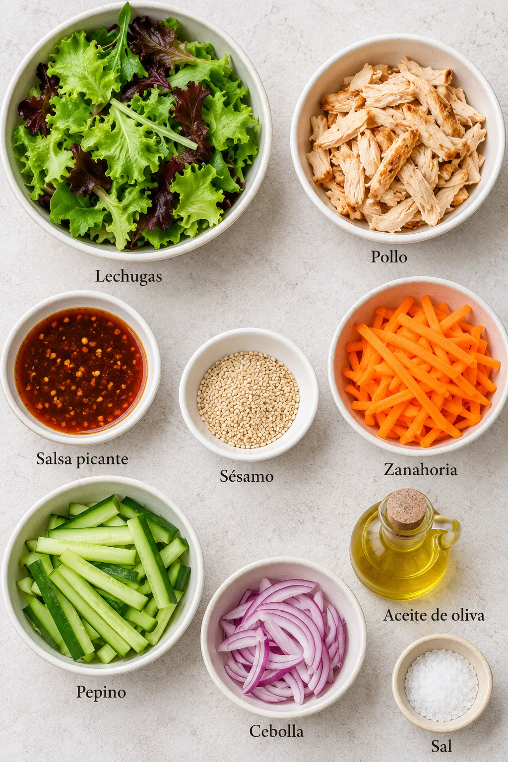Ingredientes etiquetados para rollos de ensalada thai
