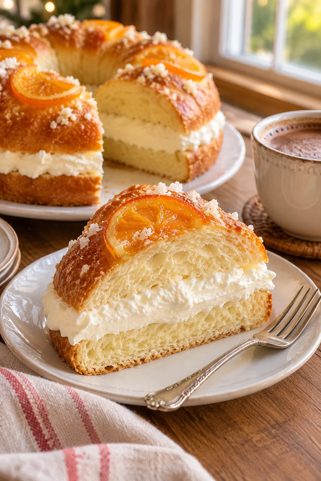 Primer plano de una porción de roscón de reyes casero relleno de nata mostrando su textura y relleno cremoso