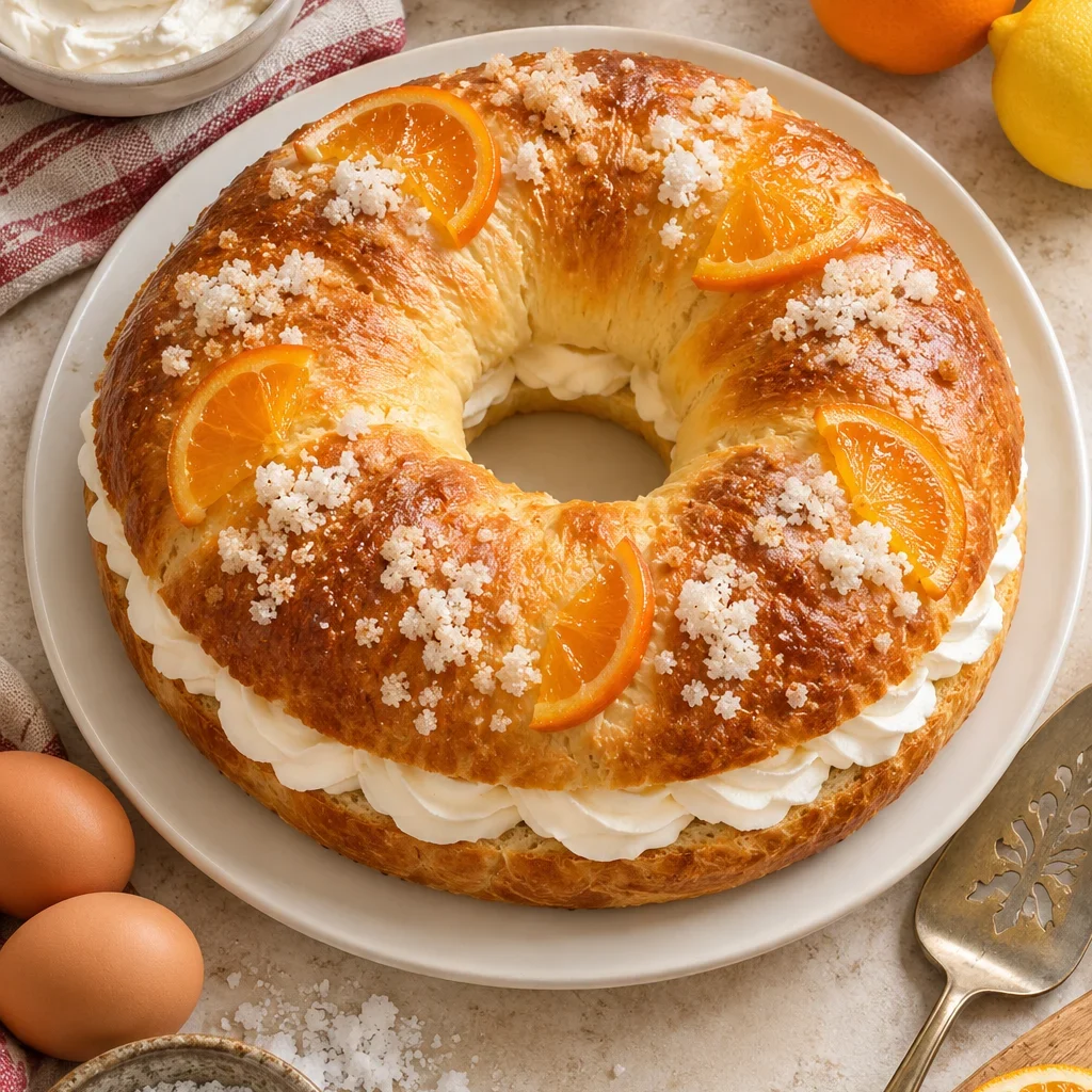 Roscón de reyes casero relleno de nata decorado con naranjas confitadas y azúcar