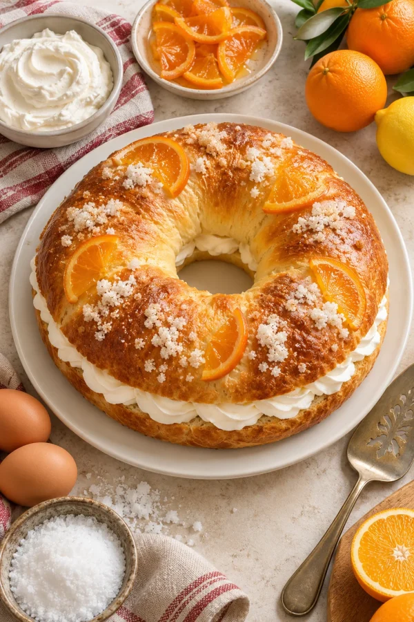 Roscón de reyes casero relleno de nata decorado con naranjas confitadas y azúcar