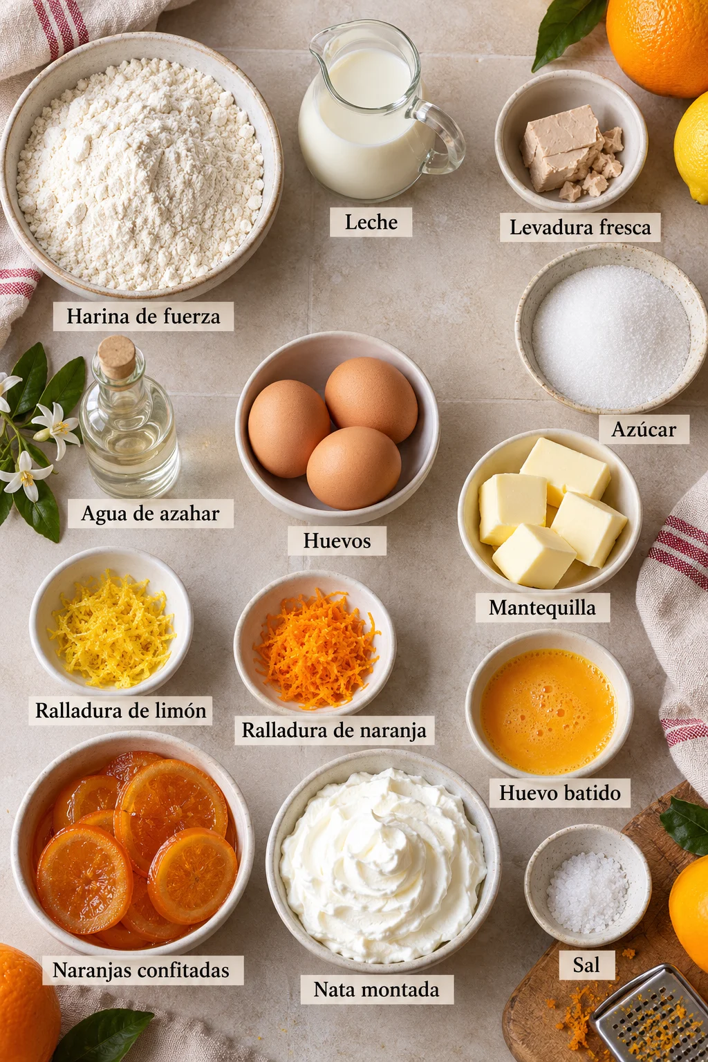 Ingredientes etiquetados para roscón de reyes casero relleno de nata sobre superficie clara