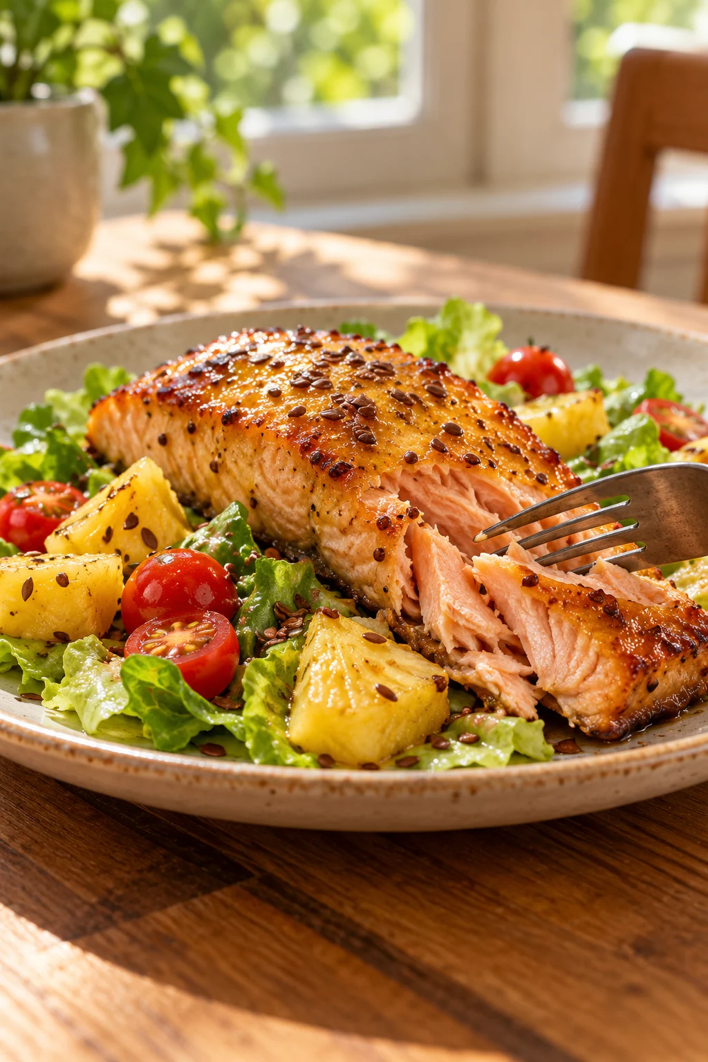 Salmón a la miel y mostaza con piña servido en la mesa.