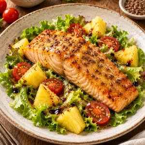 Salmón a la miel y mostaza con piña servido sobre ensalada fresca con tomate cherry y semillas de lino.