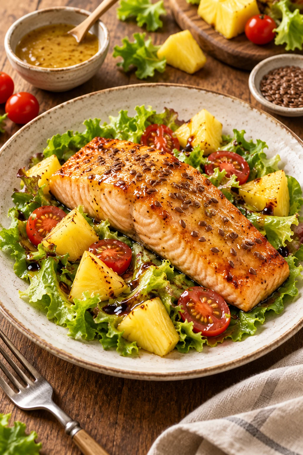 Salmón a la miel y mostaza con piña servido sobre ensalada fresca.