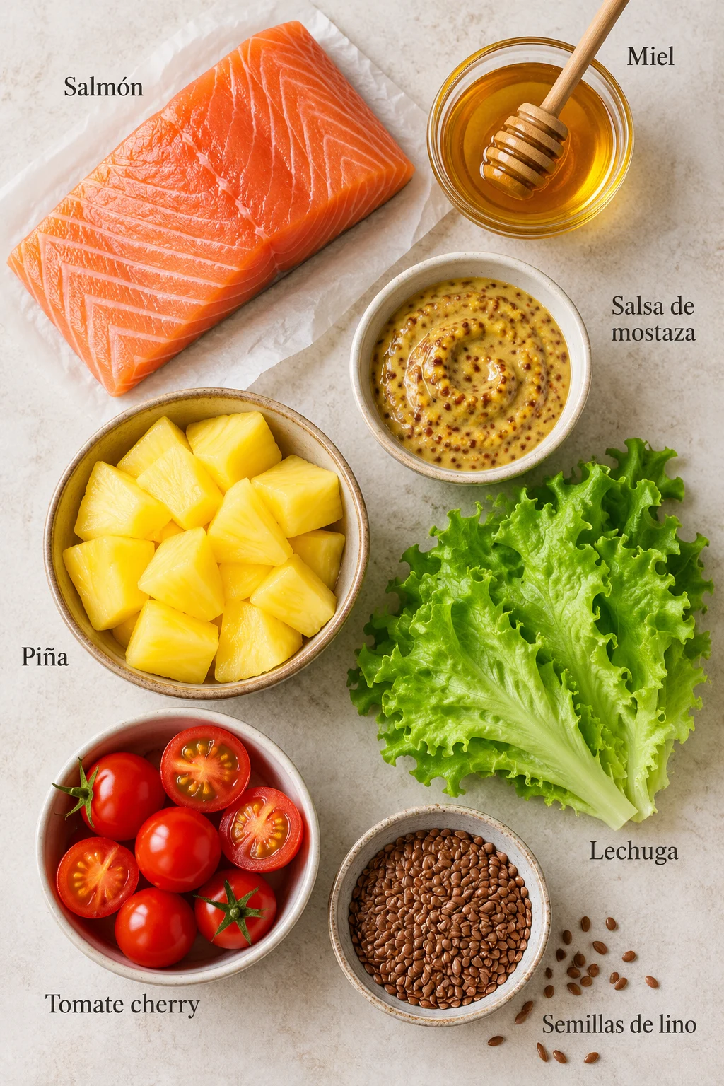 Ingredientes etiquetados para salmón a la miel y mostaza con piña.