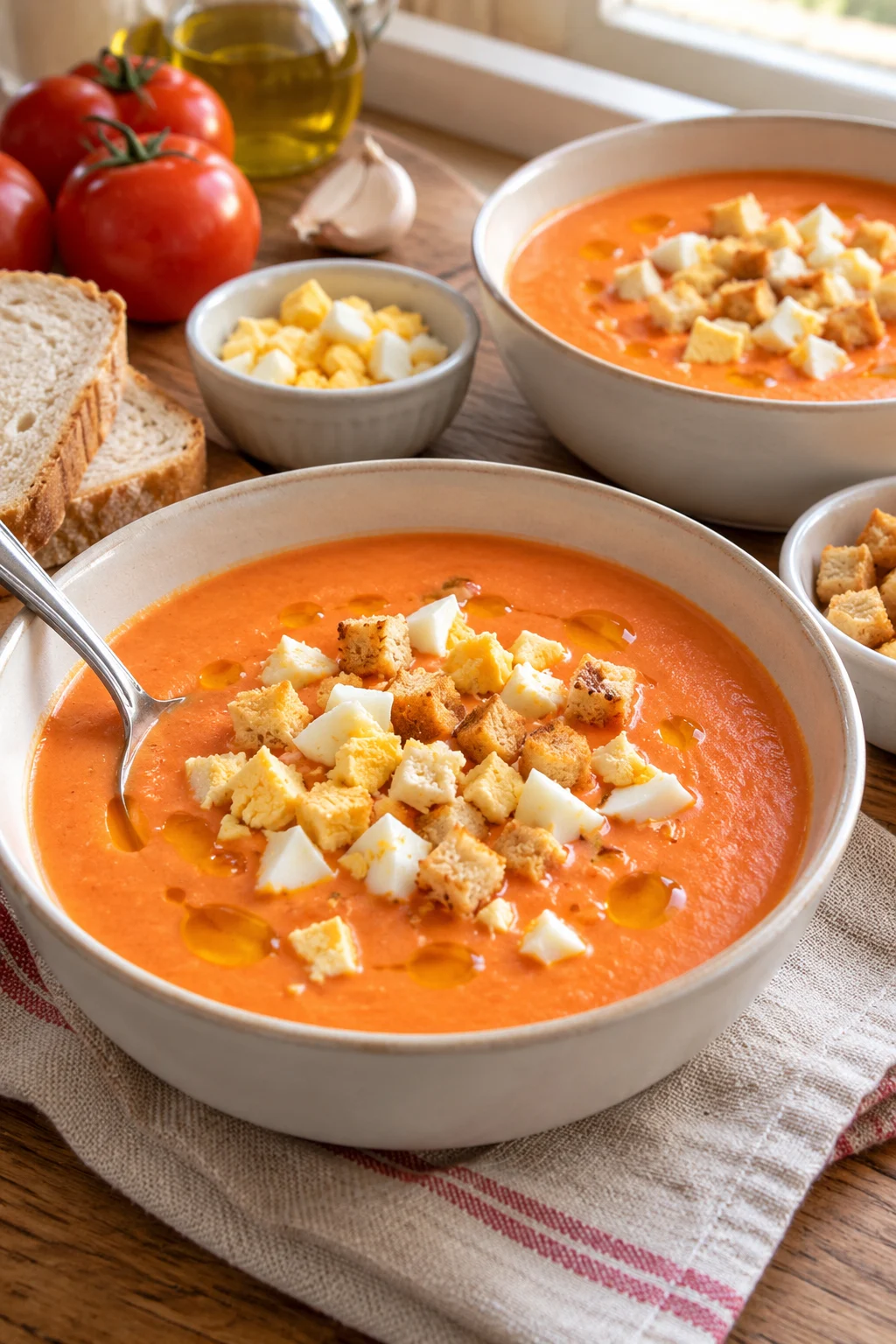 Primer plano de salmorejo cordobés con huevo y pan frito.