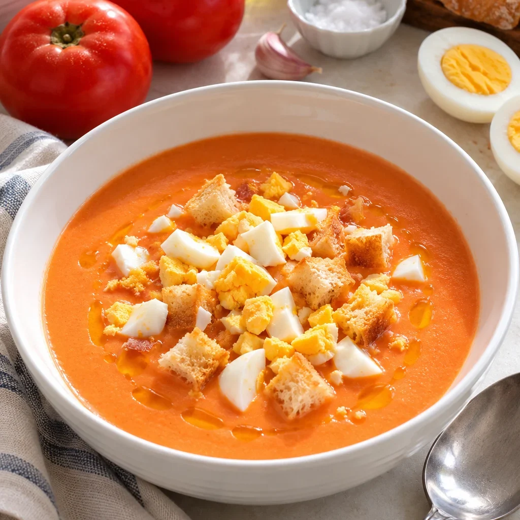Salmorejo cordobés servido con huevo duro y pan frito.