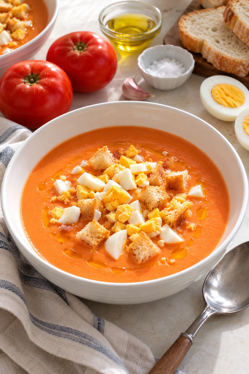 Salmorejo cordobés servido con huevo duro y pan frito.