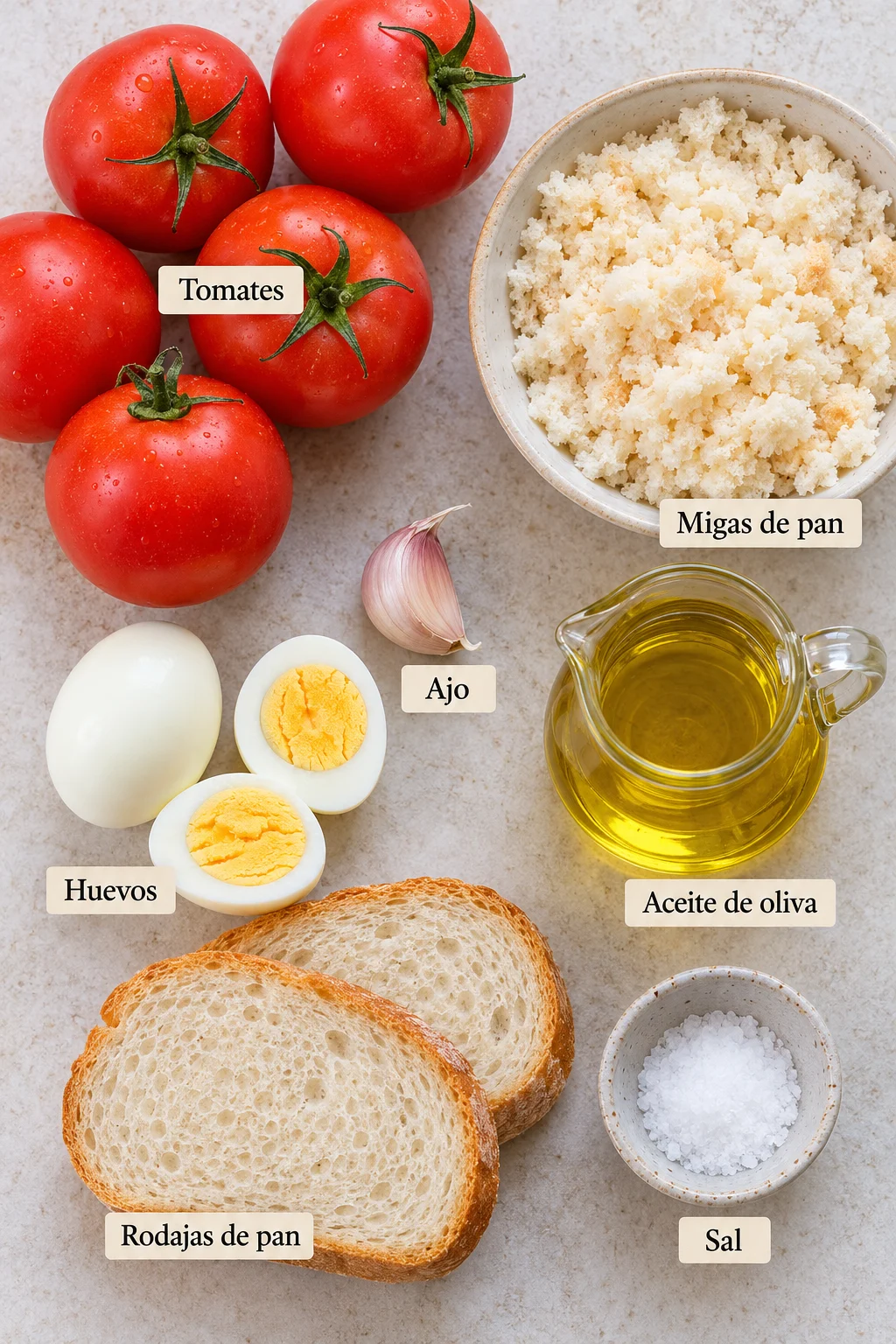 Ingredientes etiquetados para salmorejo cordobés.