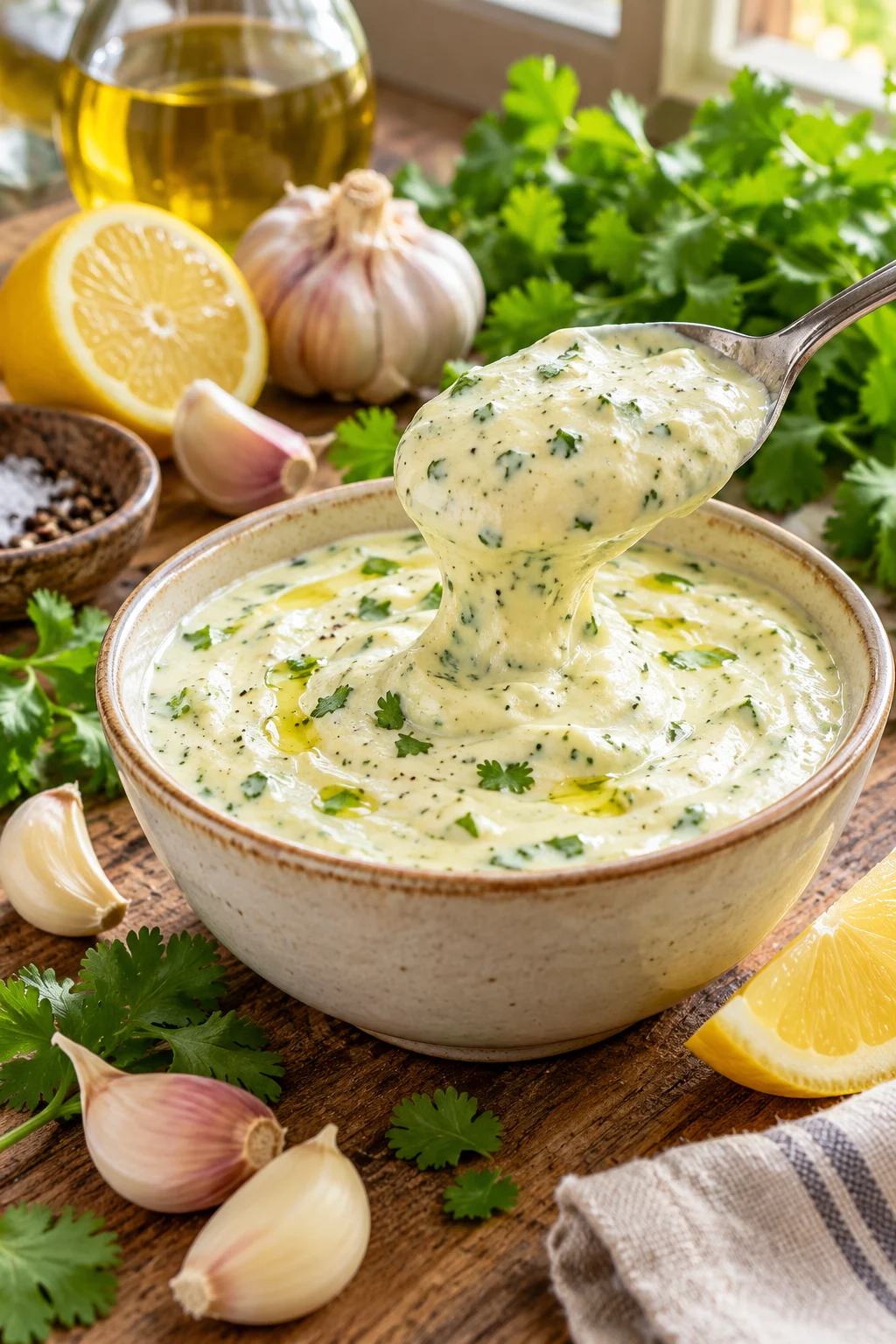 Salsa de ajo servida en un tazón