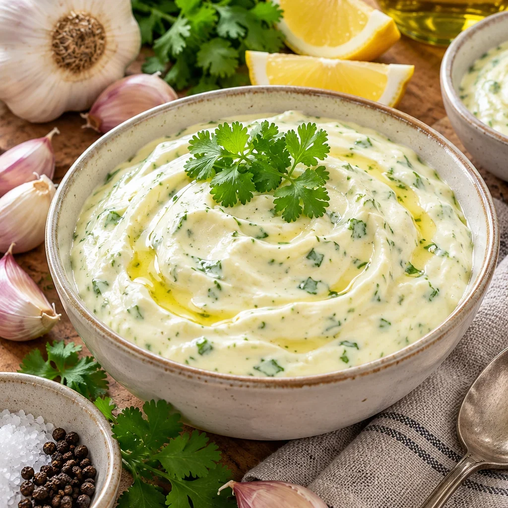 Salsa de ajo con mayonesa y cilantro fresco