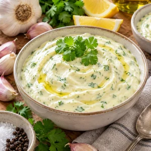 Salsa de ajo con mayonesa y cilantro fresco