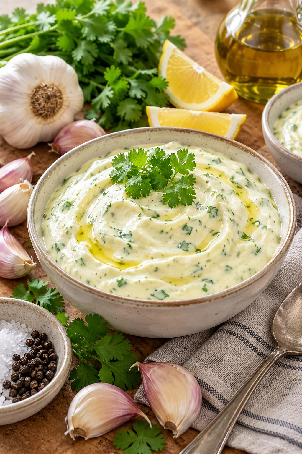 Salsa de ajo con mayonesa y cilantro fresco