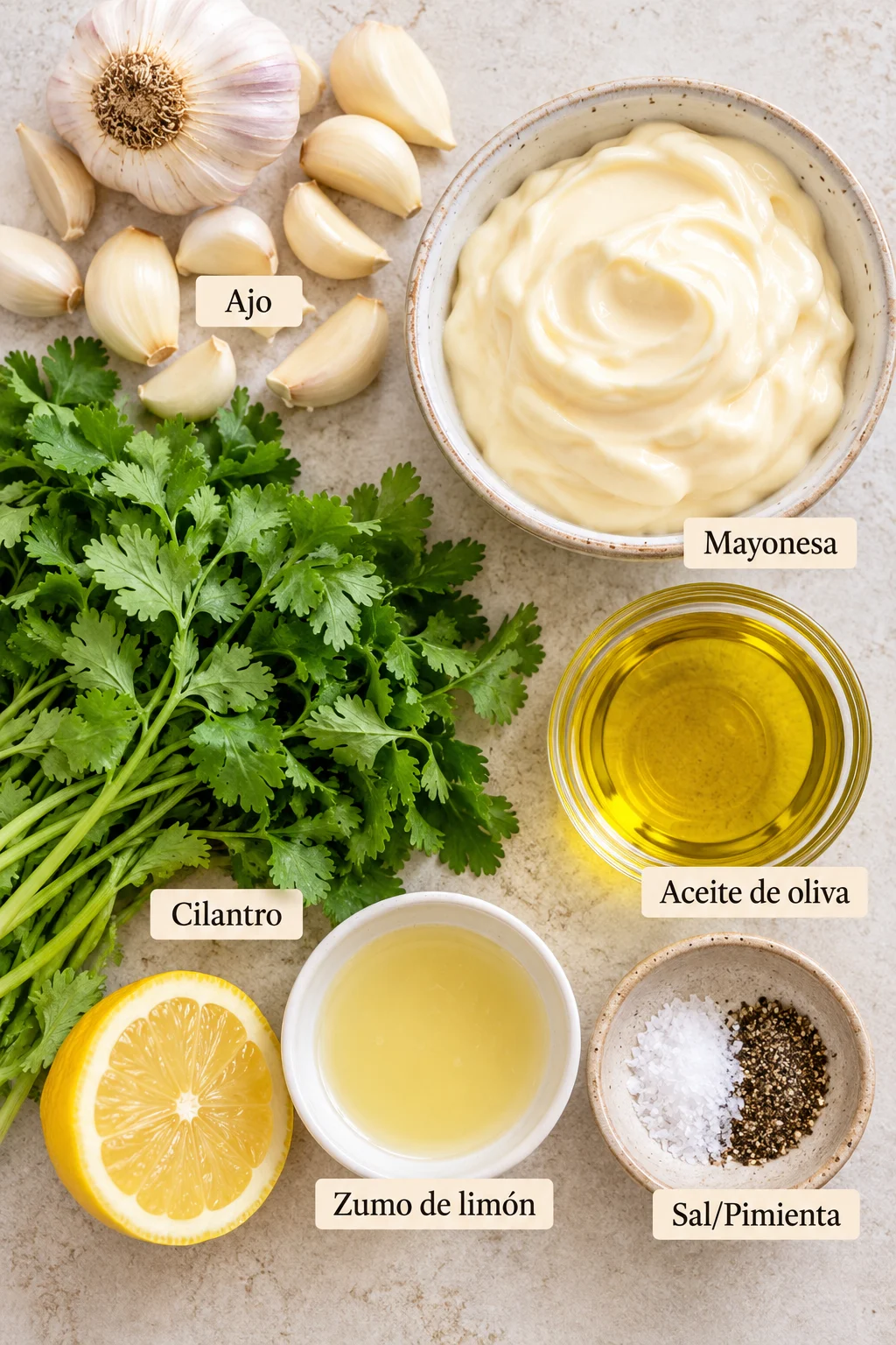 Ingredientes etiquetados para salsa de ajo
