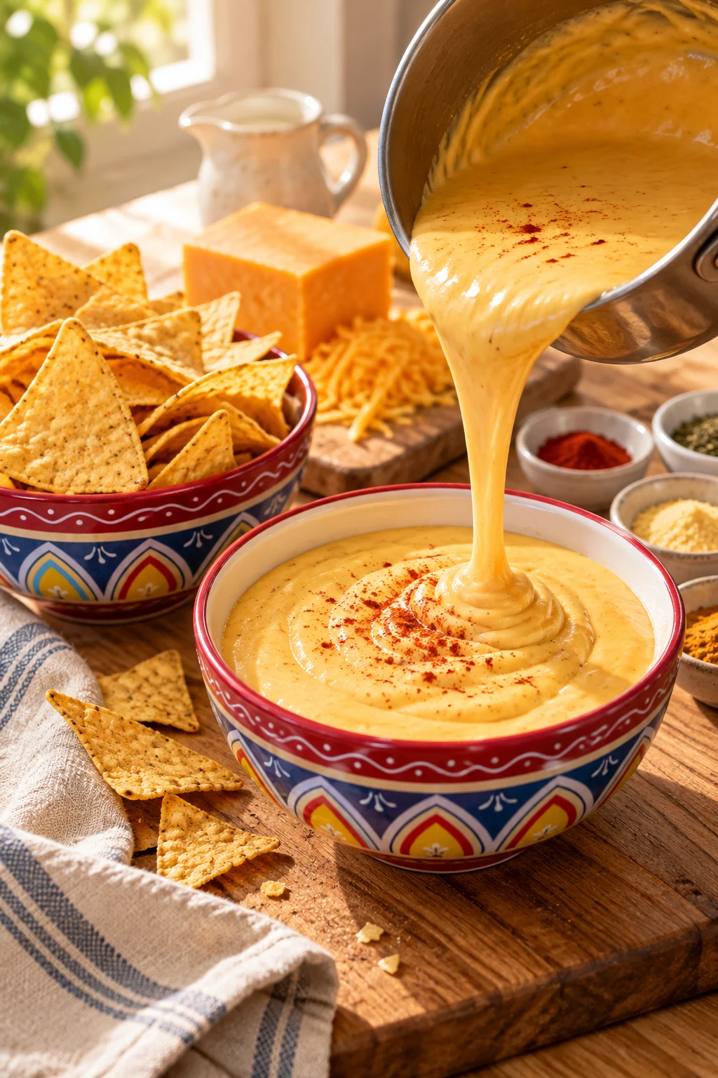 Salsa de queso cremosa para nachos siendo servida sobre nachos.
