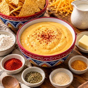 Salsa de queso cheddar cremosa con paprika en un cuenco junto a nachos, con queso, mantequilla y crema alrededor