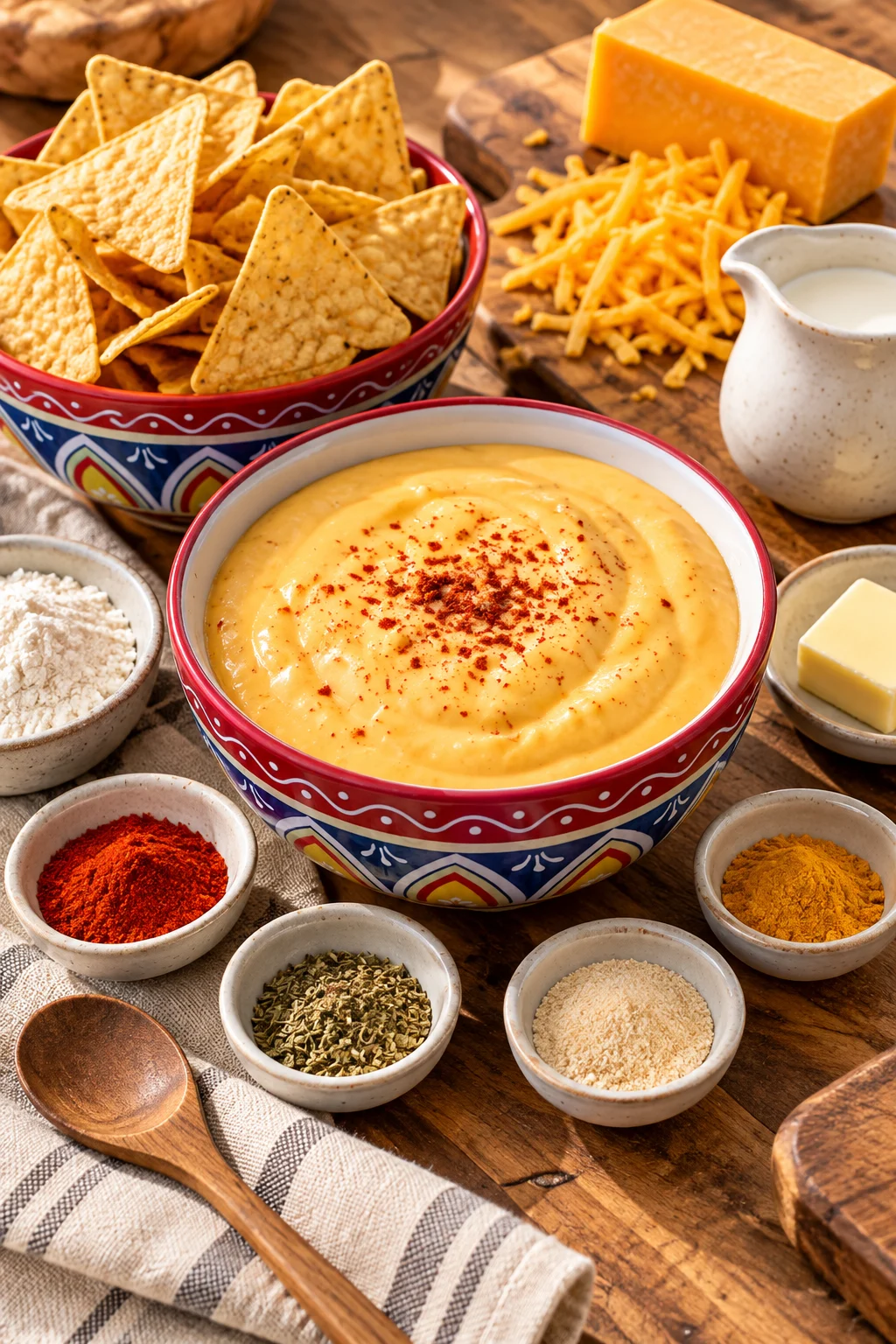 Salsa de queso cremosa para nachos servida con nachos crujientes.