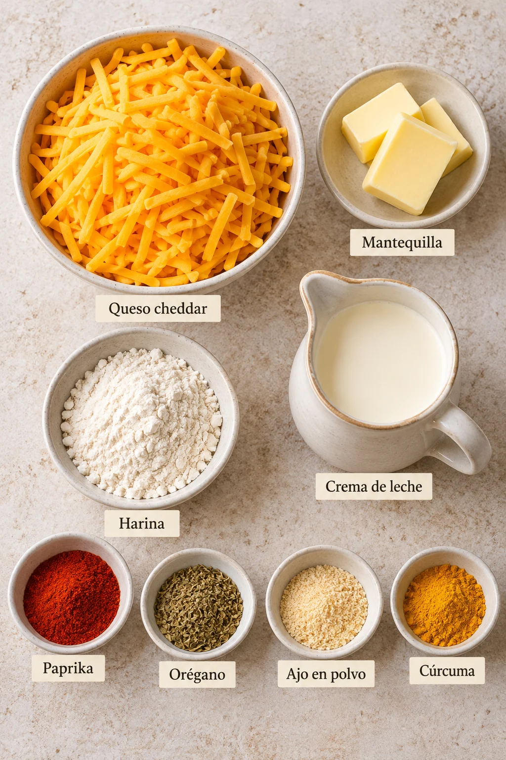 Ingredientes etiquetados para salsa de queso cremosa para nachos.