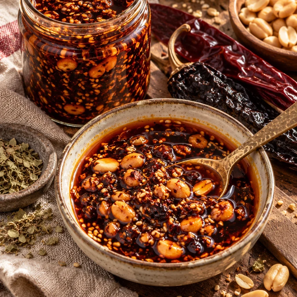 Salsa macha en frasco con cacahuates y chiles