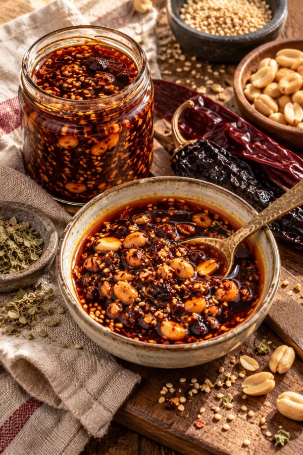 Salsa macha en frasco con cacahuates y chiles