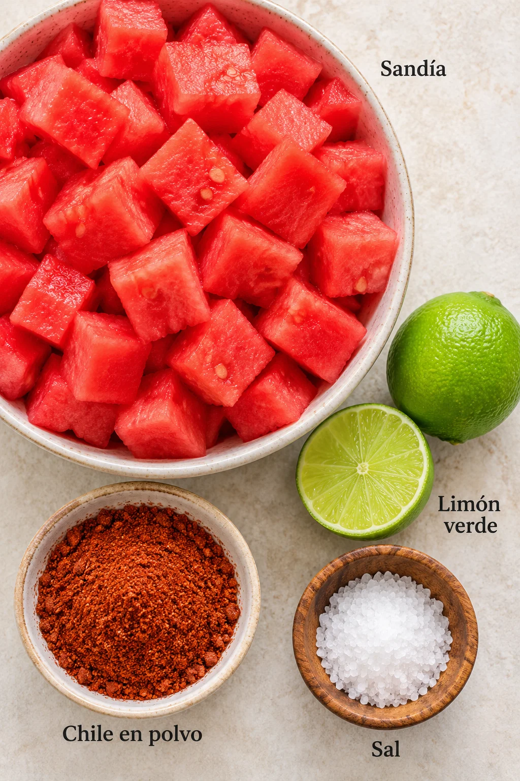 Ingredientes etiquetados para sandía con limón verde y chile en polvo