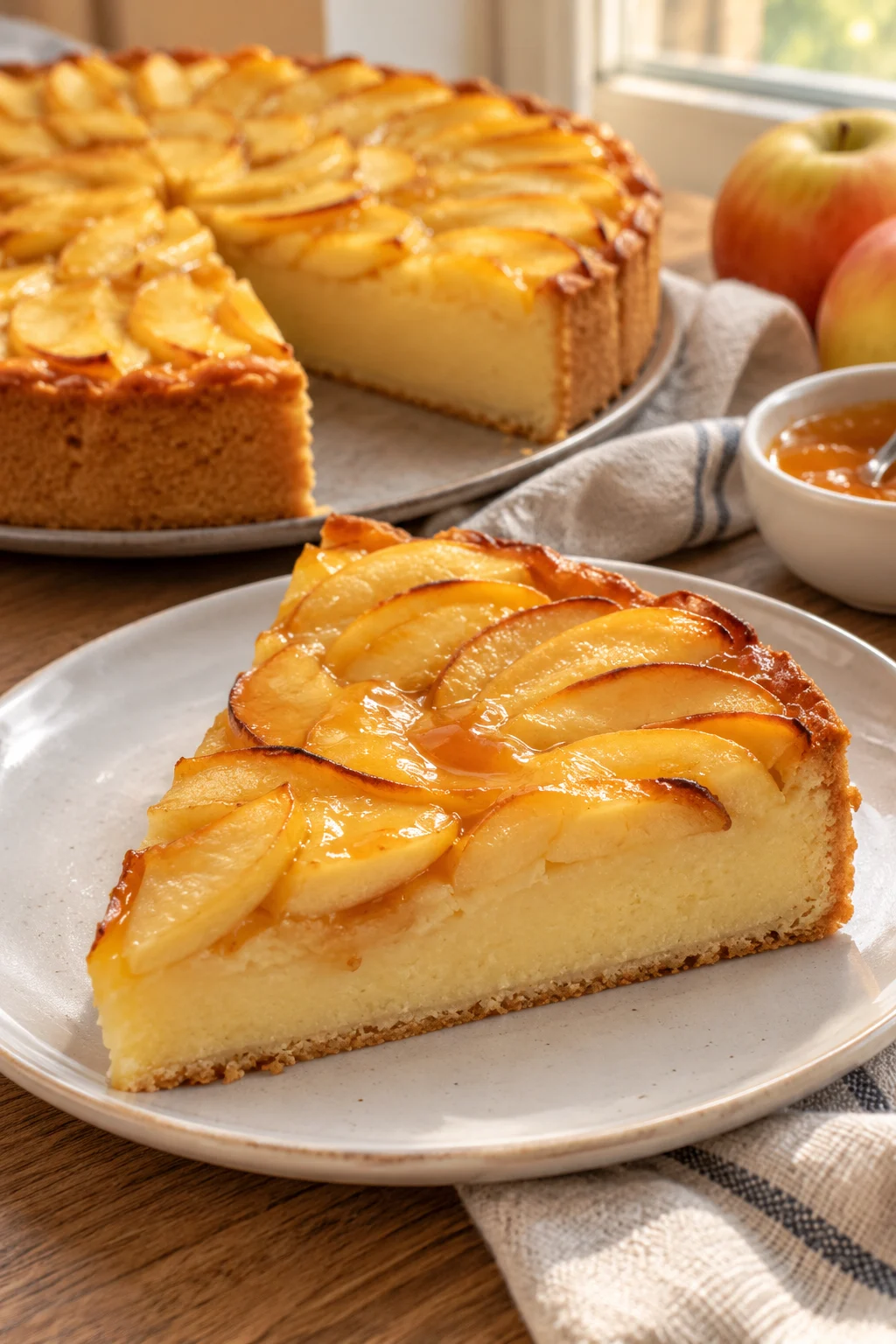 Porción de tarta de manzana cremosa con cobertura glaseada servida en la mesa de la cocina junto a la ventana